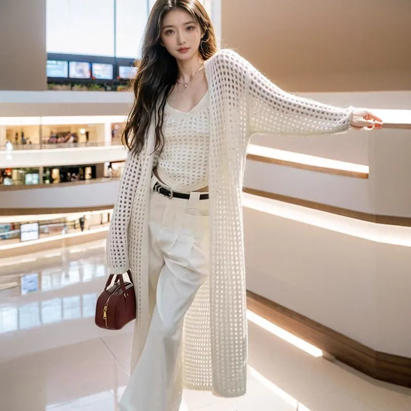 Cardigã oco com decote em v para mulheres, suéter longo de malha, cardigã fino, xale solto, camisa de ar condicionado, jaqueta feminina, verão