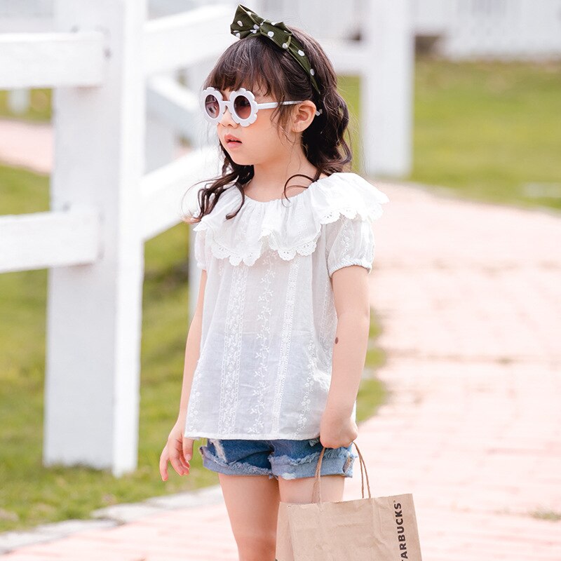 ropa de verano para niños Nueva camisa de cuello para niños blusa blanca de encaje para niñas de manga corta
