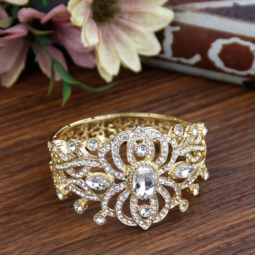 Sunspicems 18K Gold Farbe Kristall Marokko Manschette Armbinde Armreif Algerien Braut Hochzeit Schmuck Blume Türkei Arabisch Armreif: Titan überzogen
