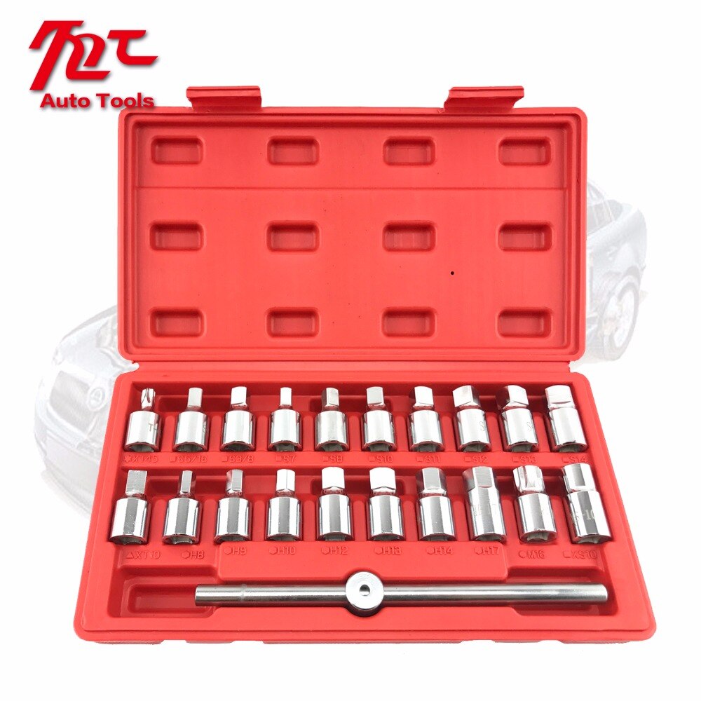 21PCS Oil Drain Plug Removal Tool Key Set Square Hexagon Socket Kit Nut Adaptor Tool