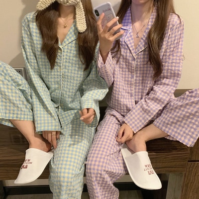 CAIYIER-Conjunto de pijama de rejilla verde para mujer, ropa de dormir holgada de estilo coreano, pantalón de cintura elástica, ropa de dormir para el hogar, primavera e invierno