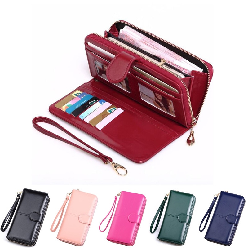 Leather Women Long Zipper Oil Wax Wallet Big Capacity Hasp Zipper Purse Ladies Long Wristlet Clutch Coin Card Holders Portomonee