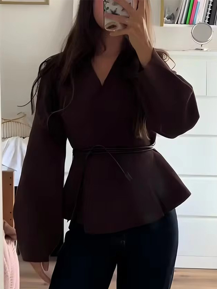 Chique herfstjas Casual 2025, gebreide dames, bruine vintage jassen, jas, V-hals, riem, jas, chique, elegante vrouwelijke uitloper