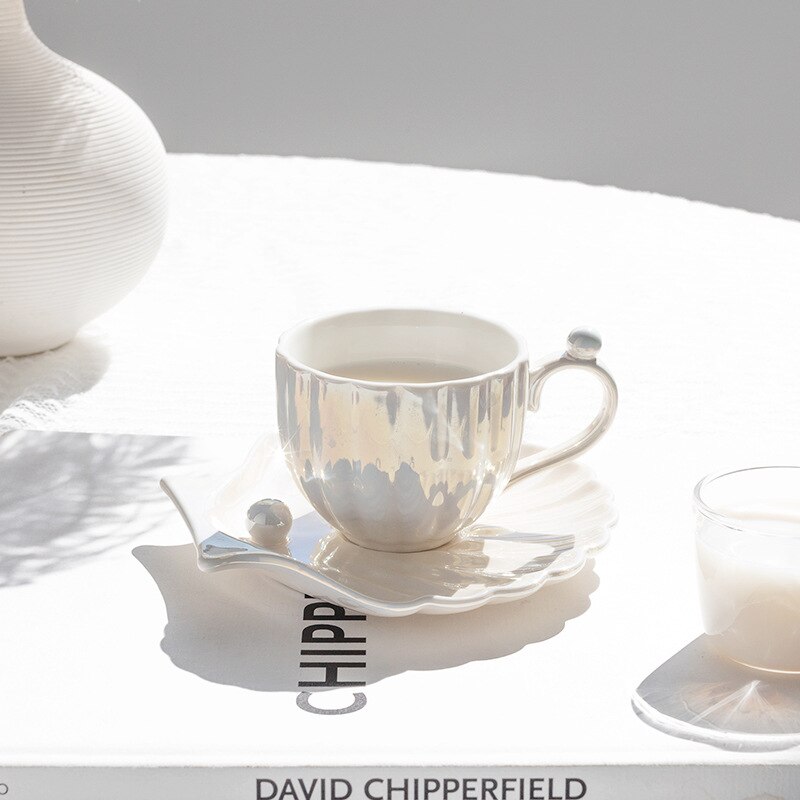 Taza y platillo de perlas de concha hermosa para café, té, vajilla de cerámica para cocina y oficina, elegantes de café de cumpleaños y boda, 240ml: 240ml