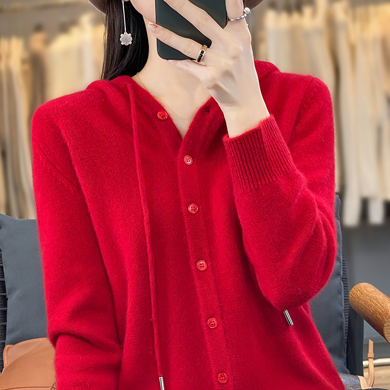 2025 novos cardigans de lã penteado camisola com capuz feminino manga longa malha outerwear senhora roupas de malha topos moda tendência casual: XXL / Vermelho