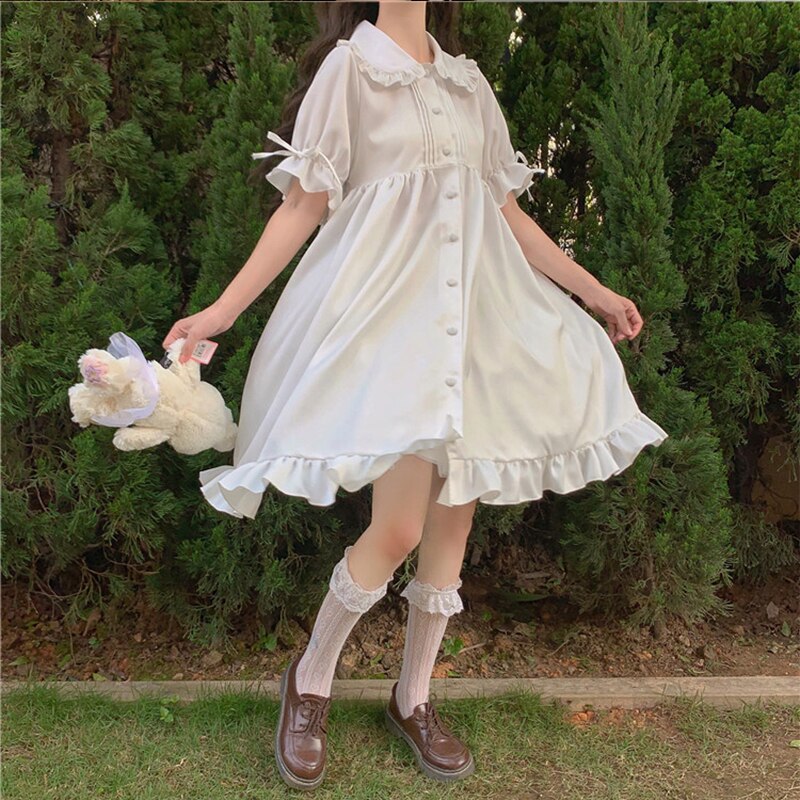 Vestido de diario Lolita blanco para adolescentes, Retro, Vintage, gótico, Victoriano, estilo japonés, para estudiantes de escuela, con volantes, princesa