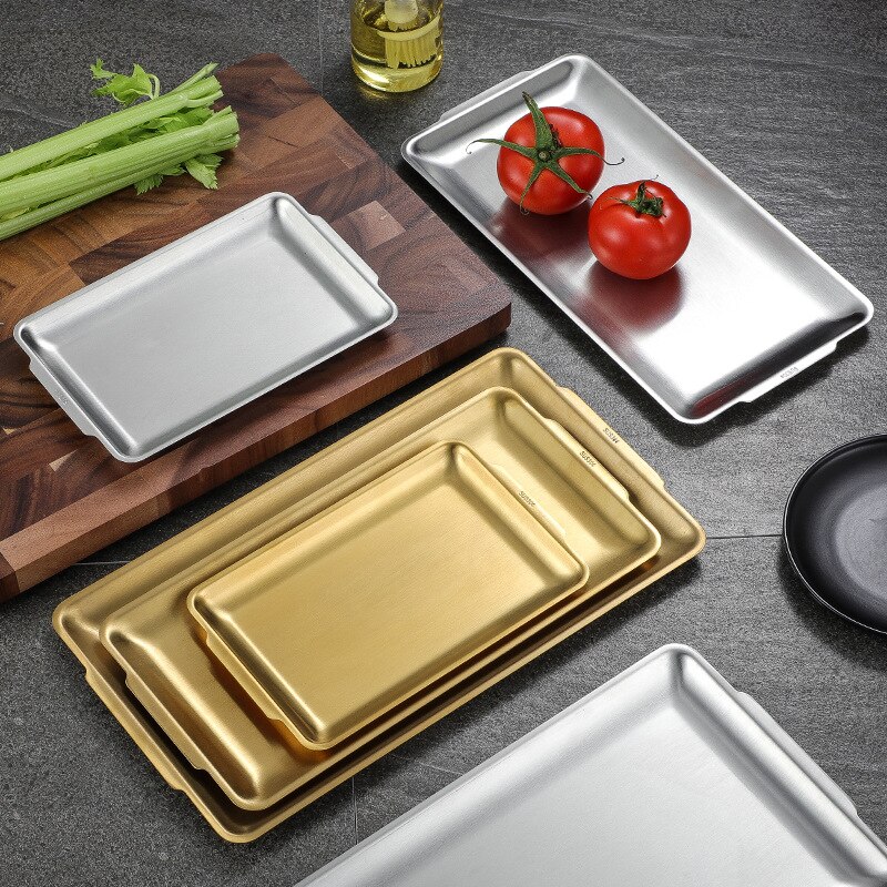 304 Stainless Steel Storage Tray Space Saving Dinner Plate Rectangular Multifunctional Tea Tray Gold Flat Bottom BBQ Tableware