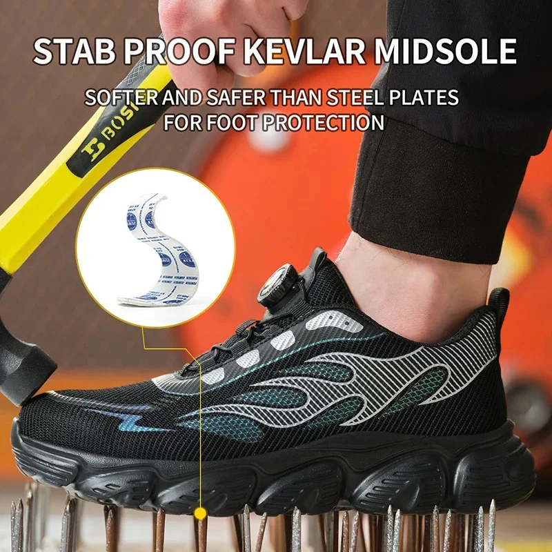 Rotating Button Work Safety Shoes Men Reflective Steel Toe Shoes Indestructible Work Sneakers Protective Safety Boots Size 47 48