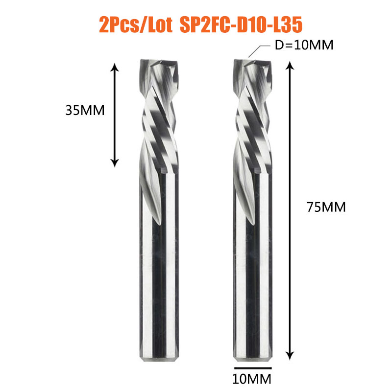 2PCS/LOT Compression Milling Cutter Woodwork UP&amp;DOWN Cut Two Flute Spiral Carbide Milling Tool CNC Router Bits Wood End Mill: 2PC-SP2FC-D10.0-L35