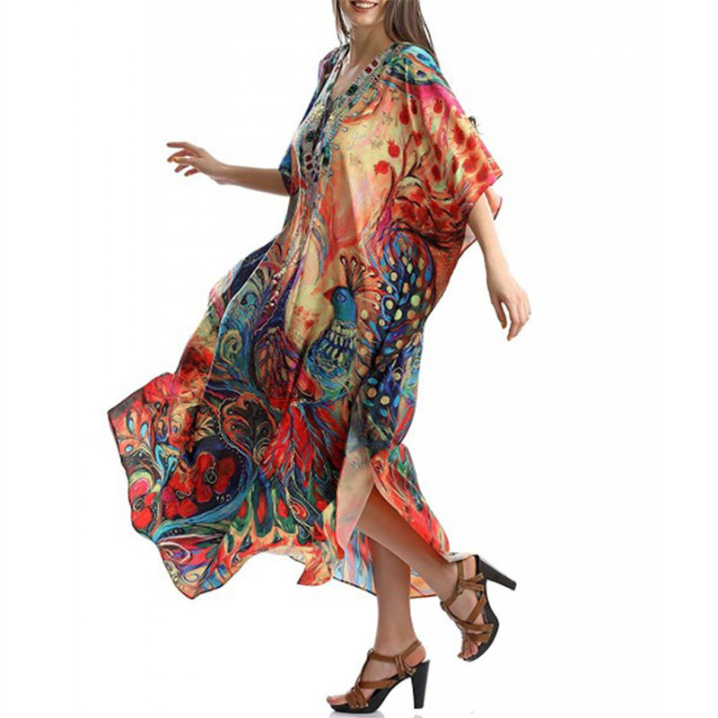 Kaftan Strand Lange Katoenen Tuniek Bohemian Gedrukt Losse Zomer Jurk Gewaad Plus Size Vrouwen Beach Wear Swim Suit Cover up Q1044