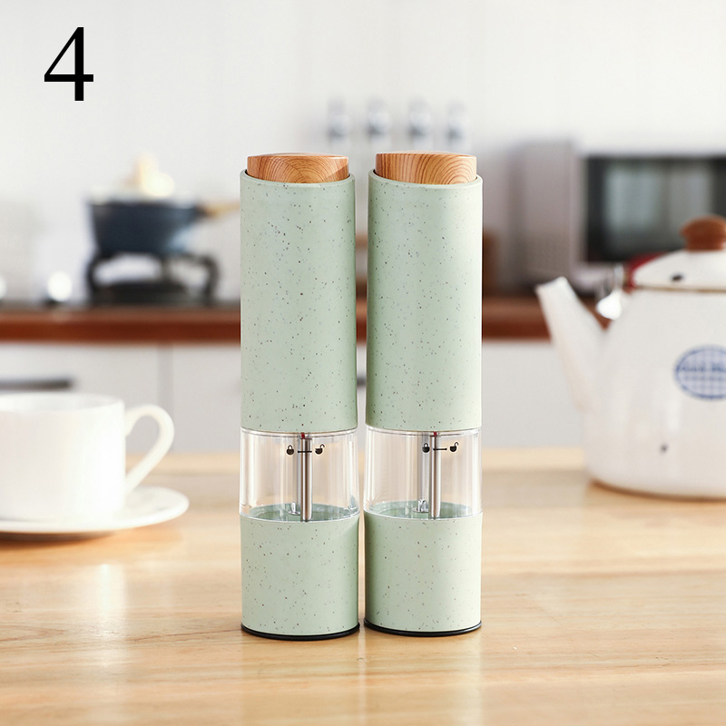 Electric Salt Pepper Grinder with LED Light Automatic Spice Mill Wheat Straw Grinders Shaker Adjustable Coarseness Ceramic Core: 2Pcs Green