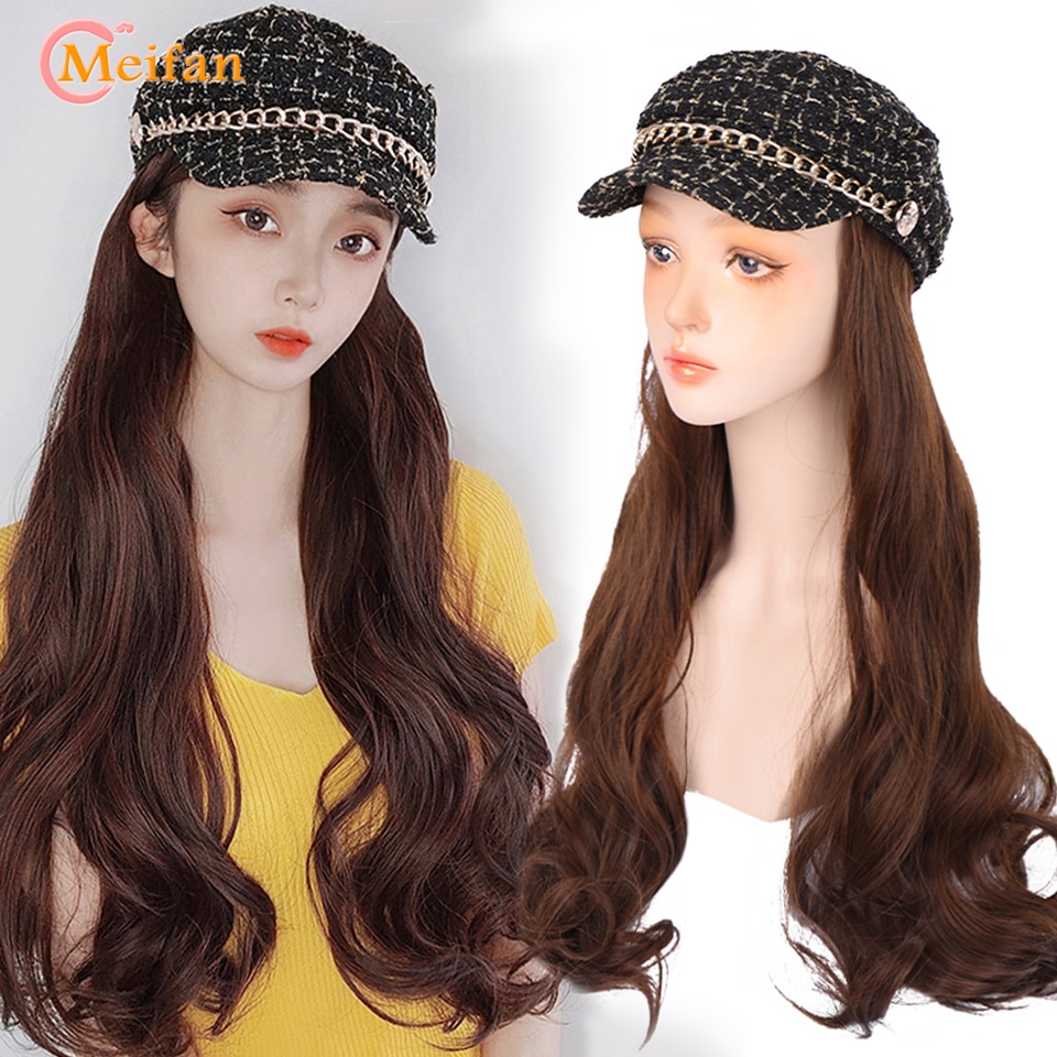 MEIFAN Synthetic Long Wavy Curly Beret Hat Wig Hair Extensions Travel Cadet Hat Retro Octagonal Beret Cap Party Wig