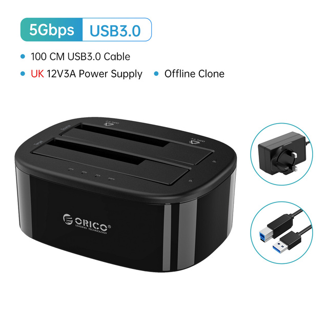 ORICO Dual-bay Hard Drive Docking Station for 2.5/3.5 Inch HDD SSD with 12V3A Power Adapter SATA to USB 3.0 HDD Docking Station: Dark Grey