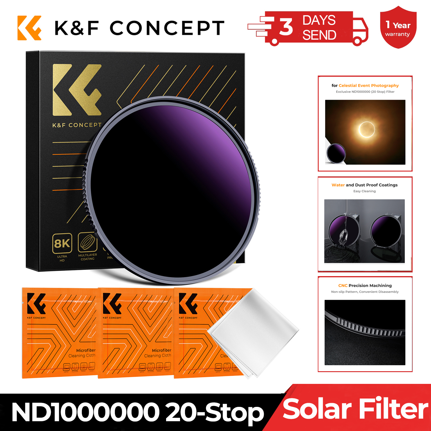 K&F CONCEPT Solar Filter ND1000000 20-Stop Solid Neutral Density Celestial Event Photography Filters 28 Multi-Coating Nano-X