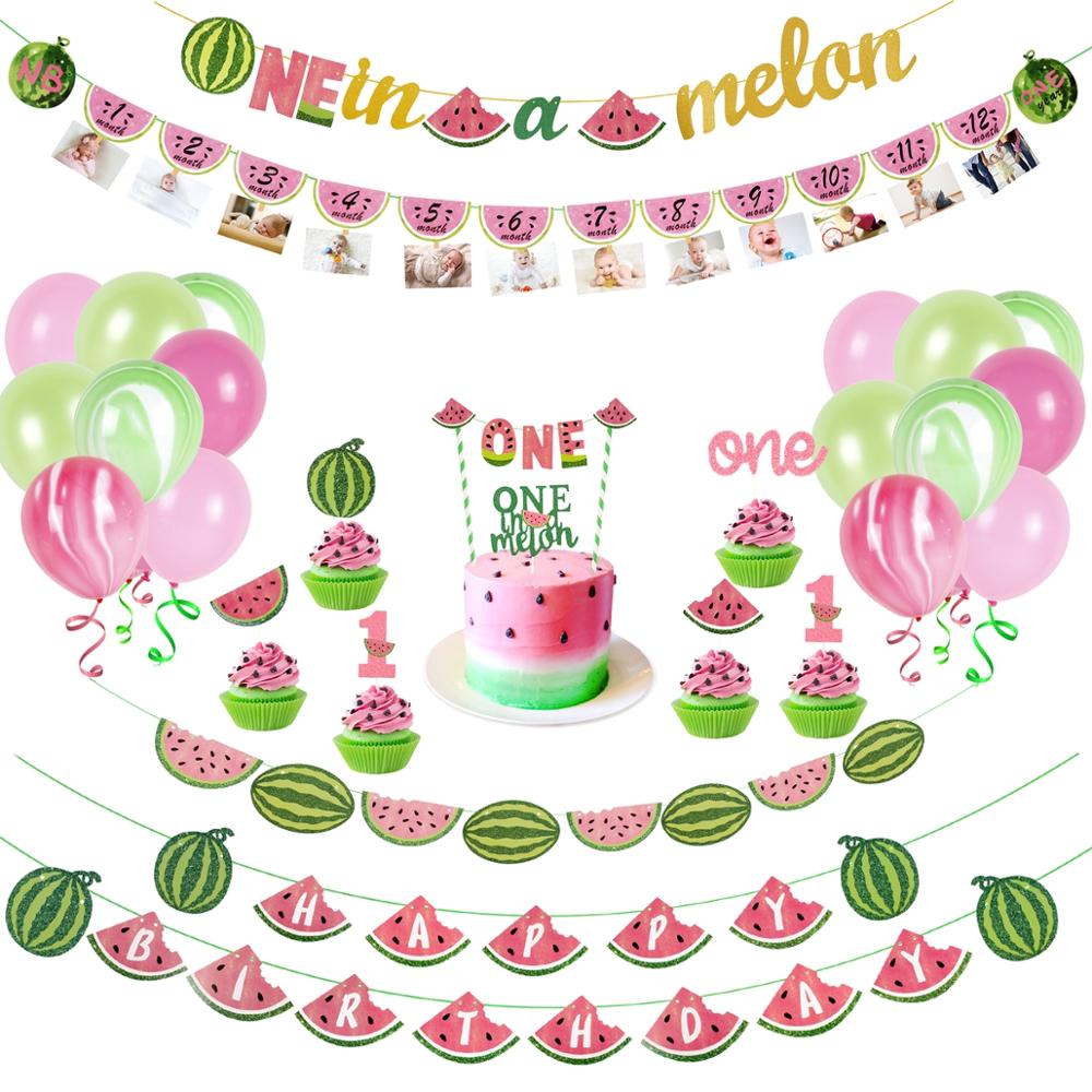 QIFU 1st Birthday Party Decorations Kids Summer Watermelon Party Cake Topper Bunting Flag Decor Pink Baby Shower Party Supplies