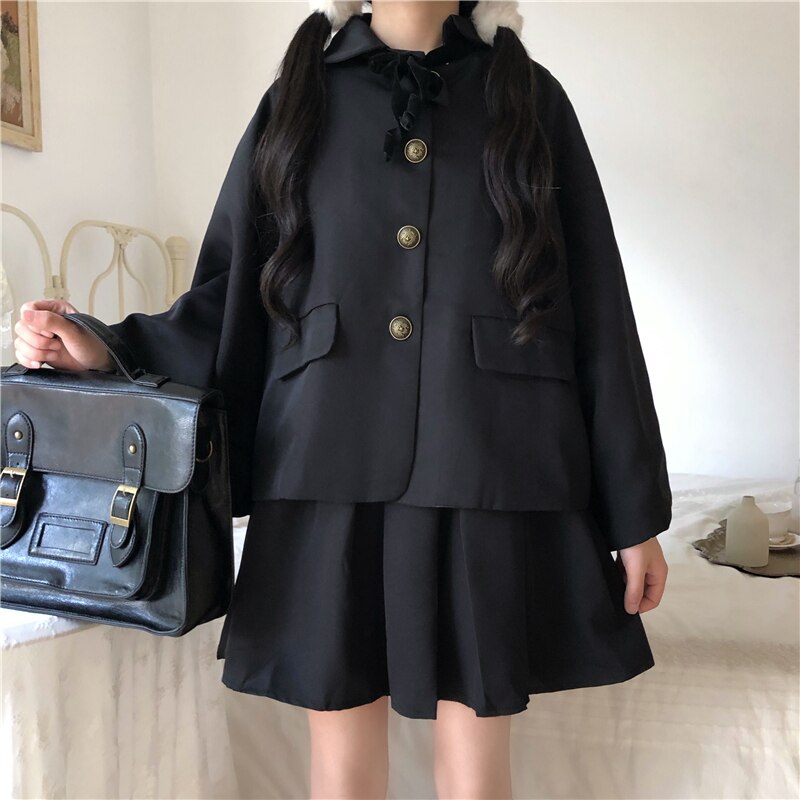 Spring Year Red Petite Set Japanese Style Cloak Coat Women's Inner Vest Pleated Dress japanese school uniform