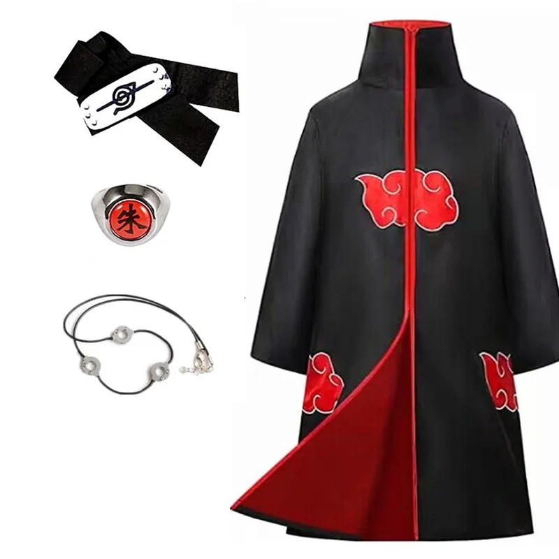 Disfraz de Anime Ninja, bata de organización del amanecer de Halloween, capa de nube roja bordada, bata negra Unisex, anillo con collar: M / Beige