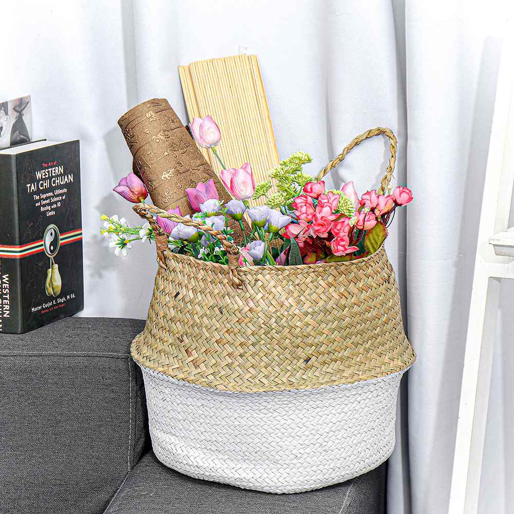 Handmade Bamboo Storage Baskets Foldable Laundry Straw Patchwork Wicker Rattan Seagrass Belly Garden Flower Pot Planter Basket