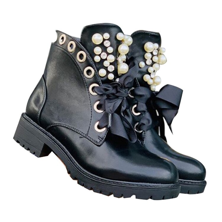 Botas cortas con remaches de perlas para mujer, zapatos Botines de Cuero de moto con plataforma para otoño, estilo Punk,