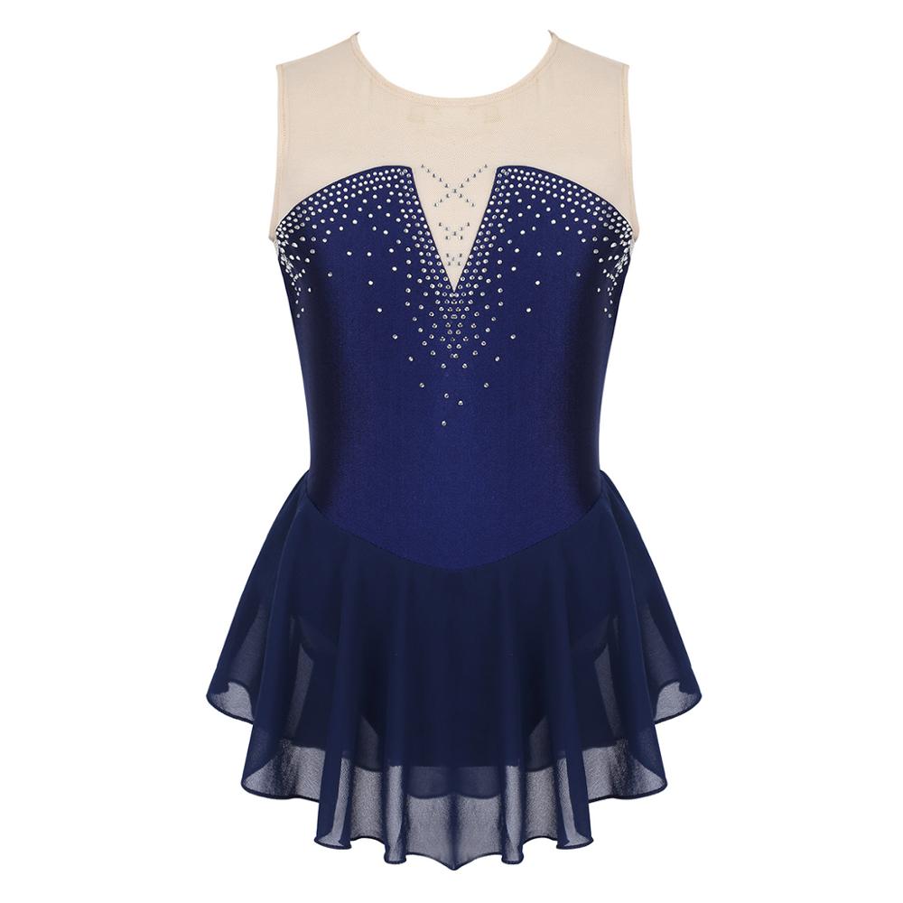 Îmbrăcăminte de dans din plasă cu strasuri strălucitoare pentru copii, costum de performanță pentru competiție, balet, gimnastică, tricou pentru fete, rochie de patinaj artistic: Albastru marin / 12