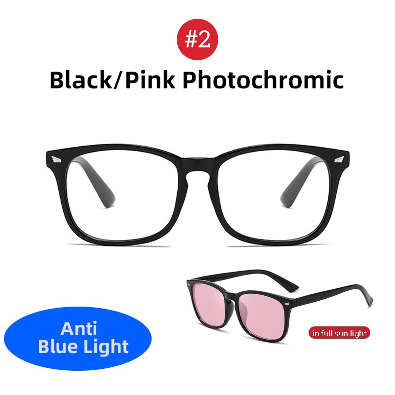 Classic Photochromic Blue Light Blocking Glasses Men Square Color Changing Anti Blue Ray Computer Chameleon Eyeglasses: 2 Pink Photochromic