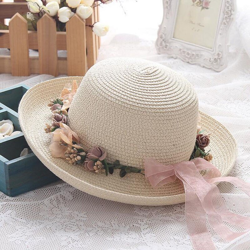 BINGYUANHAOXUAN vrouwen Bloemen Zonnehoed Floppy Opvouwbare Strik Stro Zomer Strand Hoed