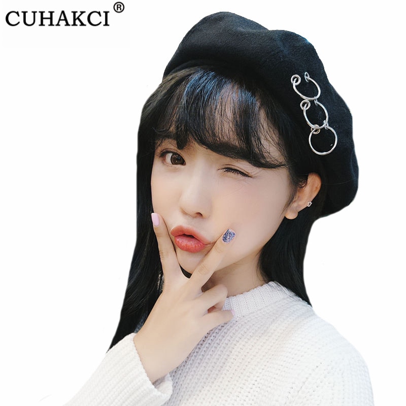 Boina, boina de artista francés, gorros de invierno con anillo, gorro de lana para mujer, gorro de esquí, gorros sólidos, sombreros de niña cálidos y dulces