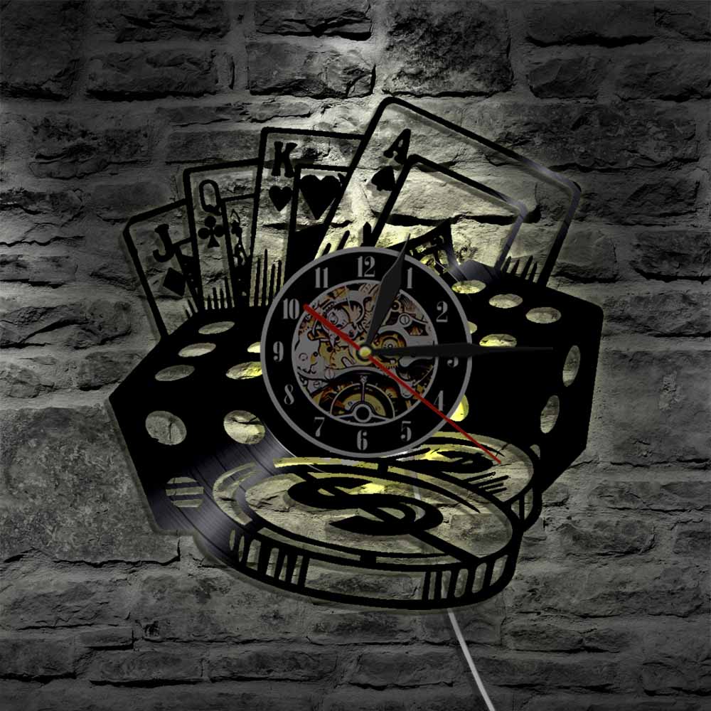 Poker Dice LED Wall Clock Poker Chip Set Vinyl Record Wall Clock Poker Room Wall Decor Poker Player Gambler reloj de pared