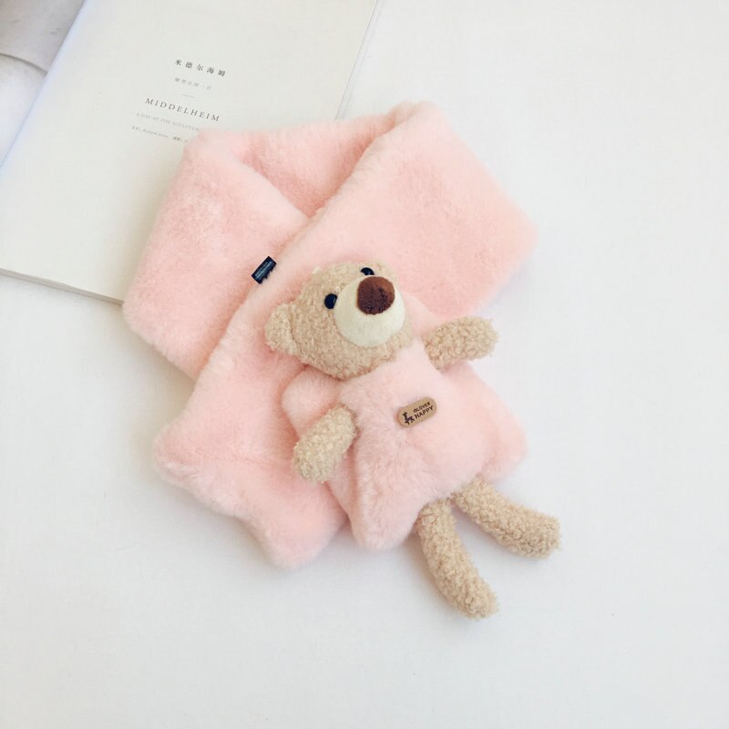 Autumn Winter Girls Warm Fleece Scarf with Bear Kids Fleece Scarves: Pink