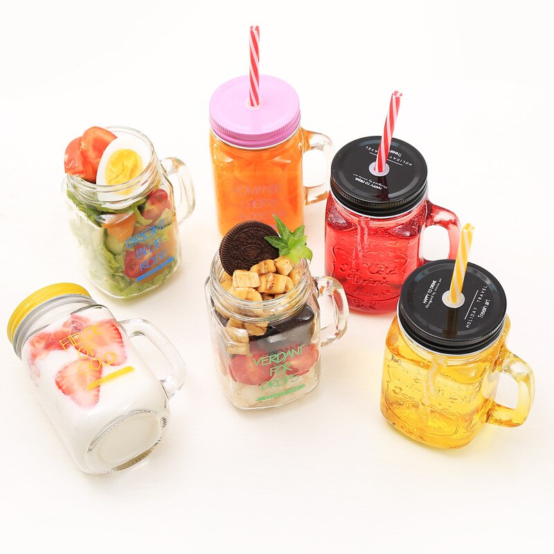 Lutning blå bokstaven glas kopp mason burk mugg med lock & halm glass frukt kall dricka glas smoothie kaffe koppgift