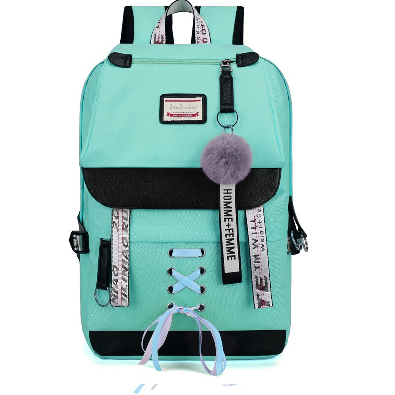 Toile Usb sacs d'école pour filles adolescents sac à dos femmes Bookbags noir grande capacité moyen collège adolescent cartable: Green