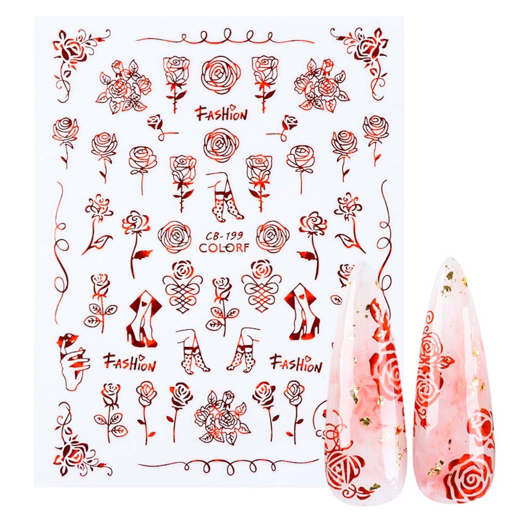 Pegatina romántica 3D en 3D para uñas, calcomanía con imágenes abstractas de rosas y corazones, deslizador de uñas Sexy para chica, decoración artística para uñas, LACB196-203-1, 1 Uds.: CB199 Red