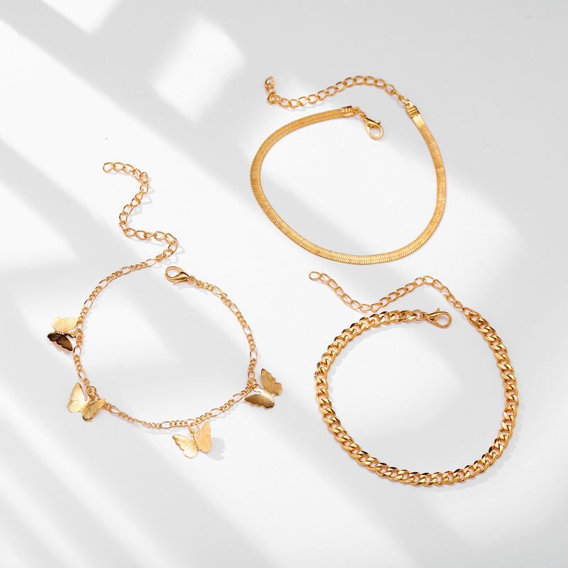 Modyle Bohemia Snake Chain Anklet Set For Women Trend Gold Color Butterfly Anklets Foot Bracelet Beach Jewelry