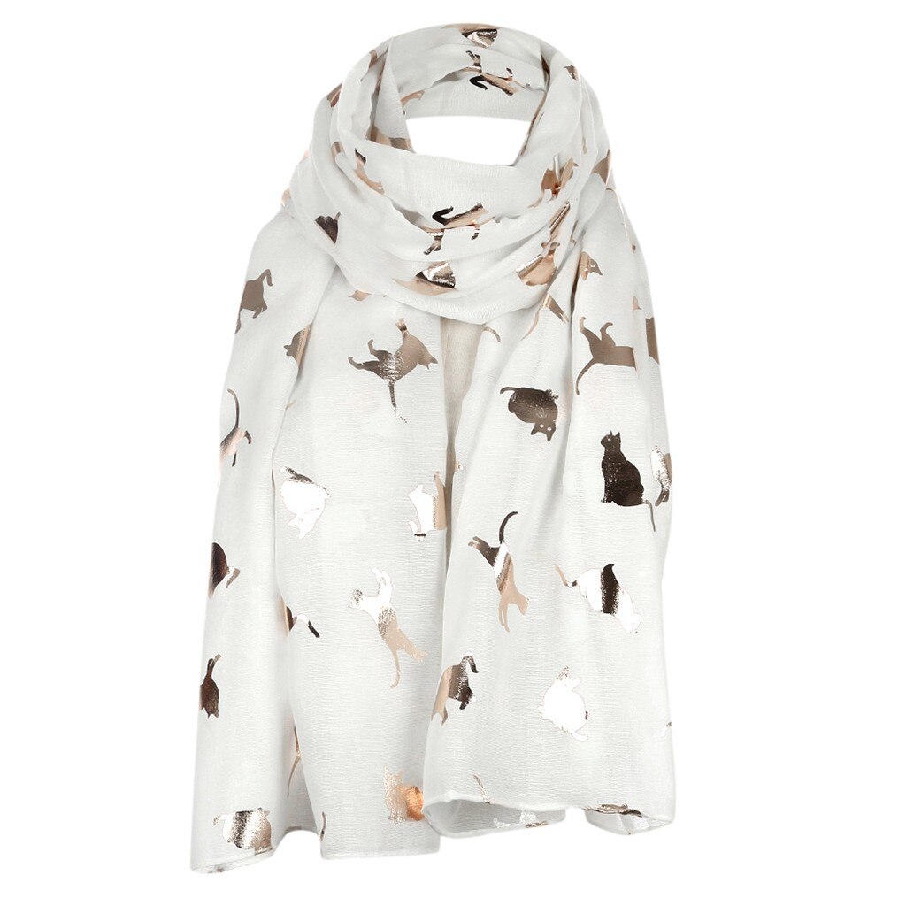Foulard en mousseline de soie pour femmes, châle imprimé, mignon, dessin animé, chat, chaton, feuille de voyage, Style Graffiti, pour filles,: White