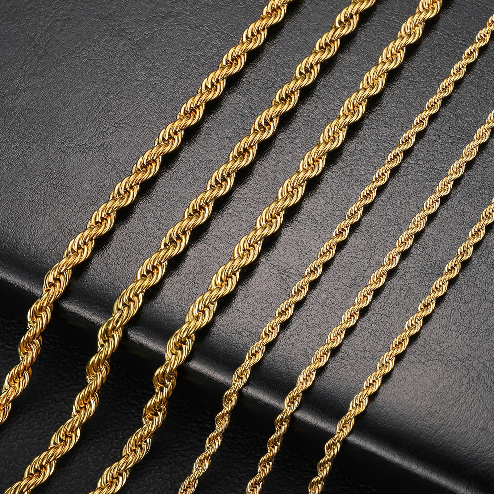 Collar de cadena de cuerda trenzada de Color dorado de 2-6MM, Gargantilla impermeable de acero inoxidable que nunca se decolora para hombres y mujeres, joyería de