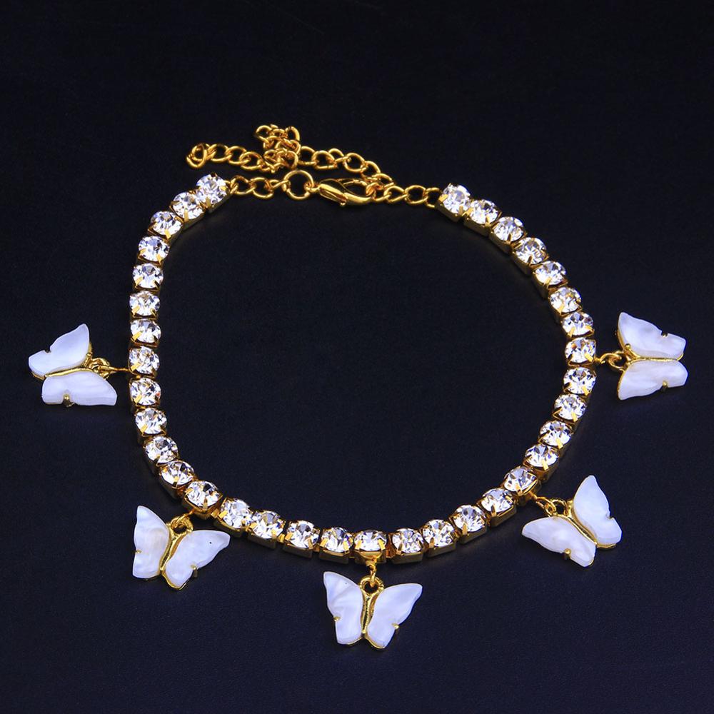 Stonefans Leuke Vlinder Enkelband Rhinestone Tennis Chain Voor Vrouwen Hip Hop Hars Vlinder Hanger Enkelband Beach Voet Sieraden: Gold White