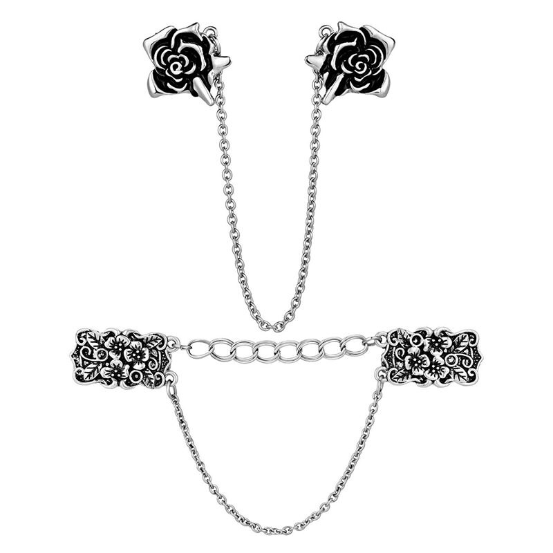 ! 2 piezas antiguo suéter plateado pinzas para chal Cardigan Clip de vestidos cuello de flores Clip con cadena para mujeres niñas, Styl: Default Title