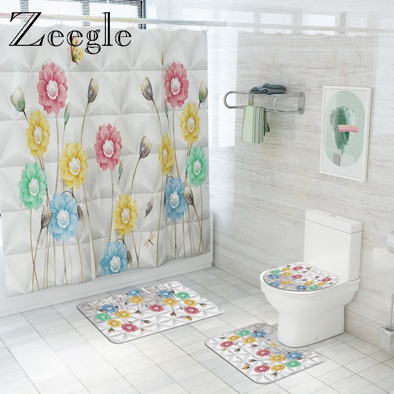 Floral Bathroom Carpet Shower Room Toilet Floor Mat Toilet Seat Cover Mat Bathroom Non-Slip Carpet Mat Set with Shower Curtain