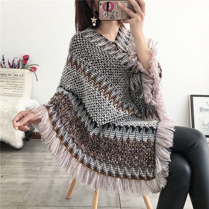 Poncho à Cape pour femmes, Cape à Cape, tricot doux, rayé, Chevron avec pompon, bohème, écharpe, hiver pour femme,