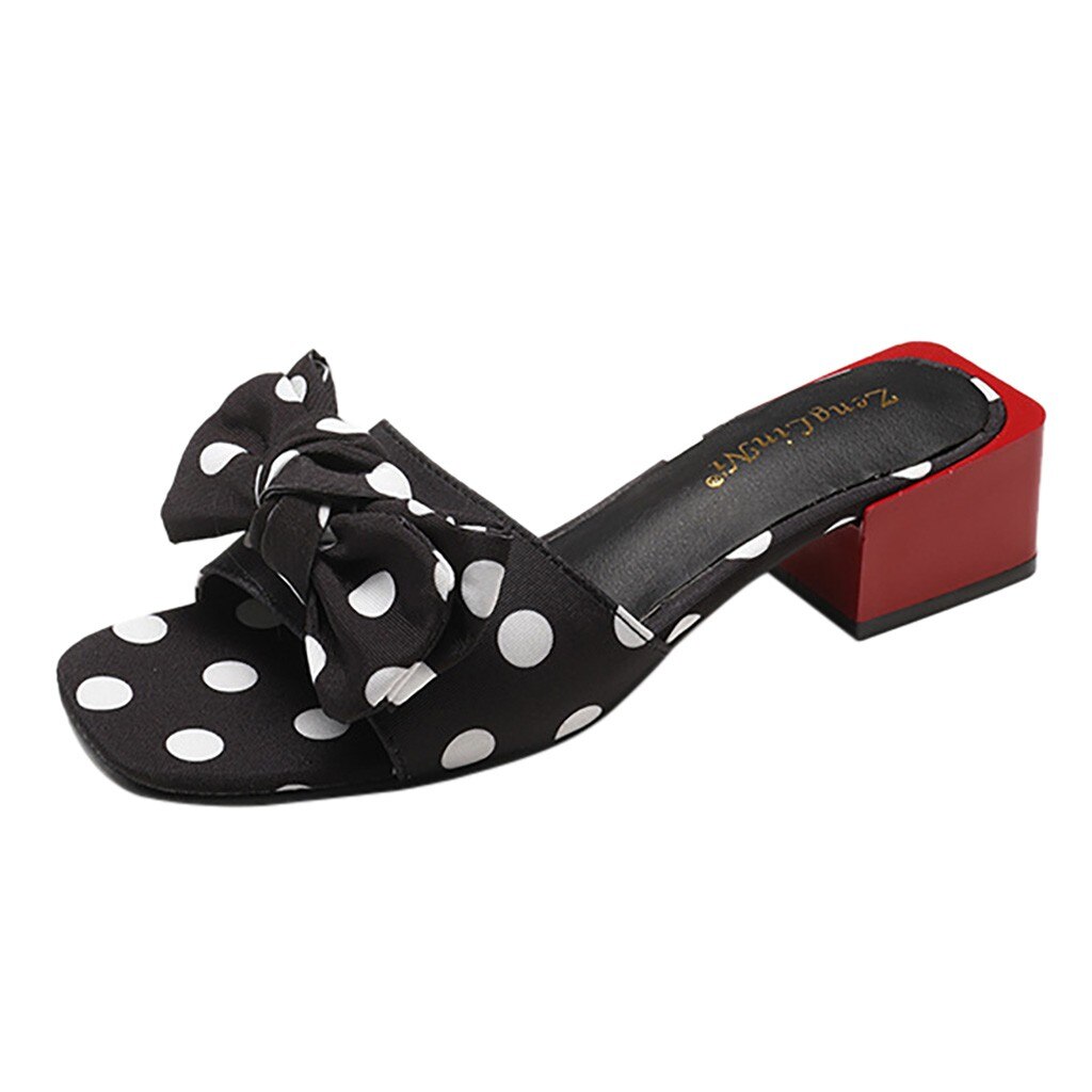 doux arc mignon à pois chaussures pour femmes loisirs talons plats d'été ins chic date sandales chaussures femme zapatos de mujer: Black / 37