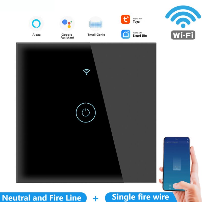 Tuy Wifi inteligente pared Interruptor táctil de la UE No Neutral de alambre requiere inteligente interruptor de luz tableta amortiguador Tech accesorio beige Rojo Negro compruebe Tartan tableta amortiguador banda una casa inteligente trabaja con Alexa Google: 1 gang black