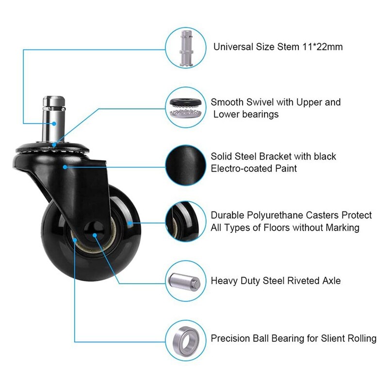 Office Chair Caster Replacement, 2Inch Desk Chair Casters Rolling Smooth Safe, Fit Most Chairs Set of 10