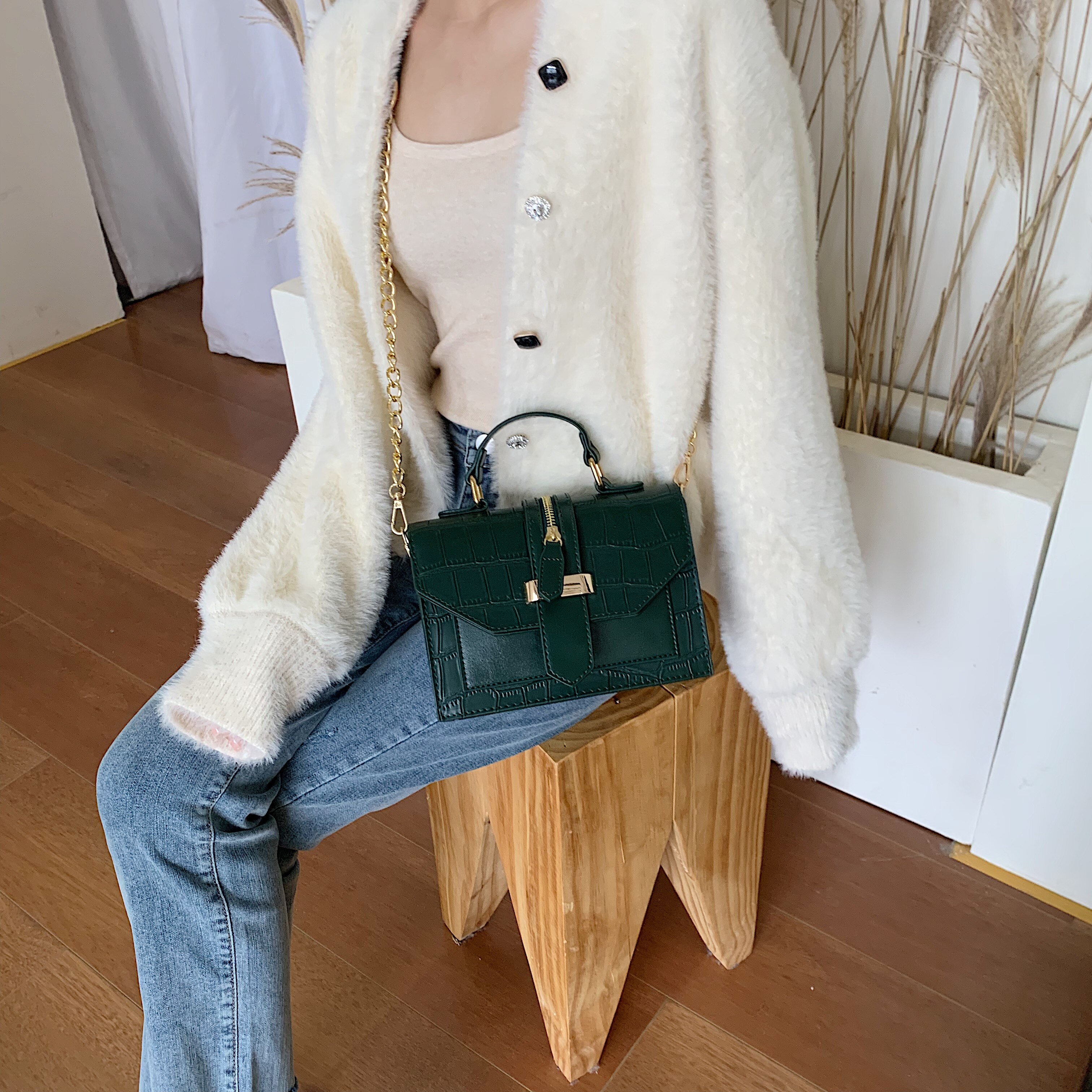 Kamienna skóra ekologiczna z wzorem jednokolorowe torebki Crossbody dla kobiet 2019 mini-łańcuch torba na ramię dama torebki