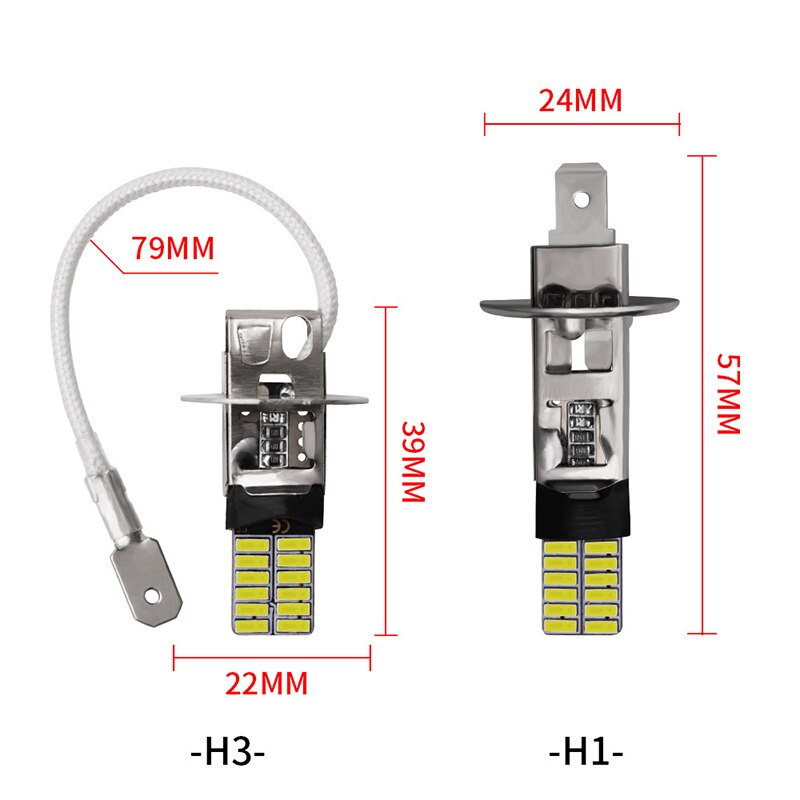 2Pcs H1 Led H3 Led Auto Lampen 4014SMD H1 H3 Auto Fog Lamp DRL Dagrijverlichting Wit 12V