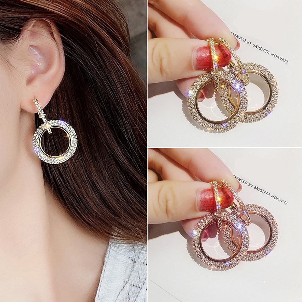 Vrouwen Oorbellen Luxe Ingelegd Rhinestone Ronde Earing Casual Glitter Rhinestone Rose Gold Hoop Earring сережки колечки # Z