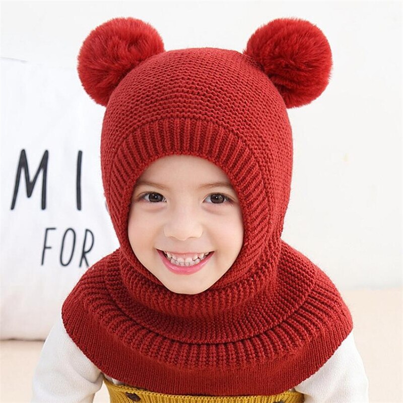 tricot à capuche écharpe enfants chapeau et écharpe enfant avec masque hiver Protection chaude oreille Pom Cap écharpes filles garçon accessoires: Vin rouge