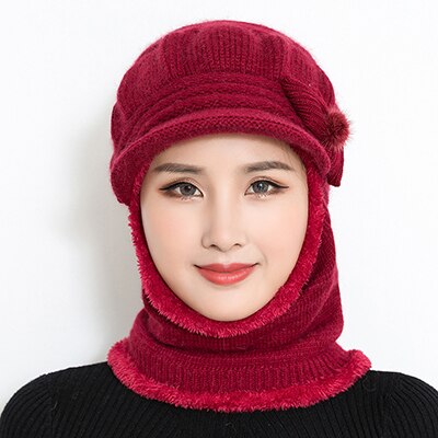 Female Neck Warmer autumn winter Beanies Hats Mask Women Winter Hat Knitted Hats Scarf Set Beanie Ski Caps Woman: wine red