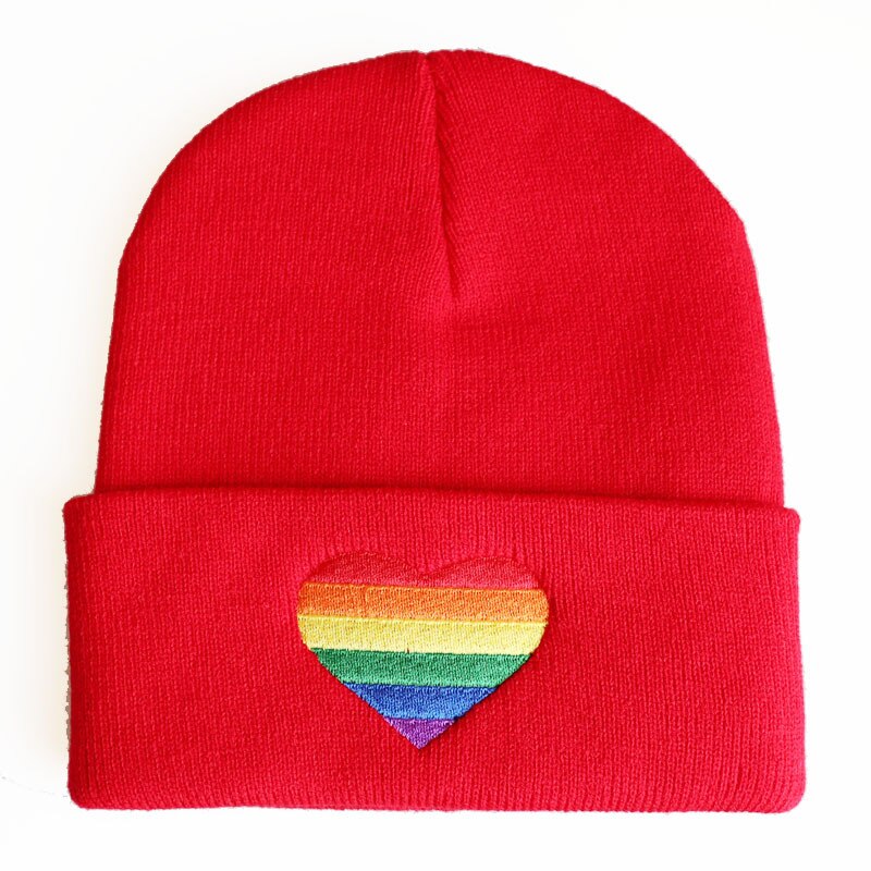 Regnbågshjärta lgbt lesbisk gay mössa keps hip hop mössor stickad vinter varm mössa justerbar cool broderi mössa cosplay: Röd