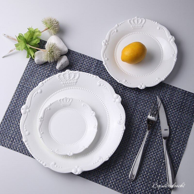 Juego de 3 piezas de porcelana blanca en relieve, 6 + 8 + 10 pulgadas, de corona, juego de platos de cerámica para cena, platos para servir de boda