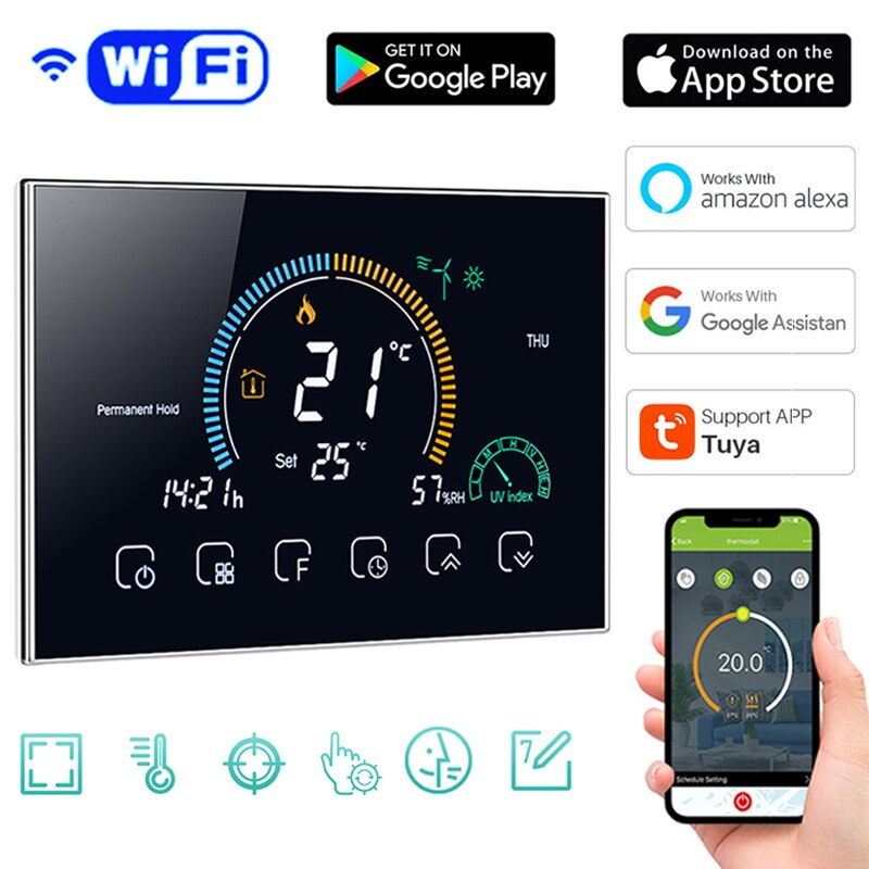 with Google Home Smart WiFi Thermostat Temperature Controller for Gas Boiler Electric Underfloor Heating Humidity Display Works